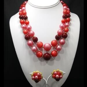 Vintage 1960s Red Pink Lucite Bead Necklace Earring Set Gold Tone Mid Century
